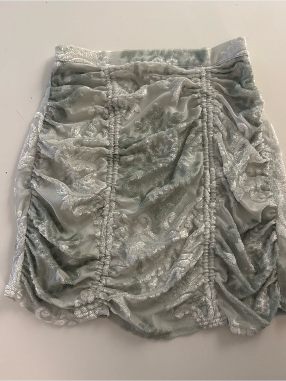 Urban Outfitters Light Sage Ruched Velvet Mini Skirt
